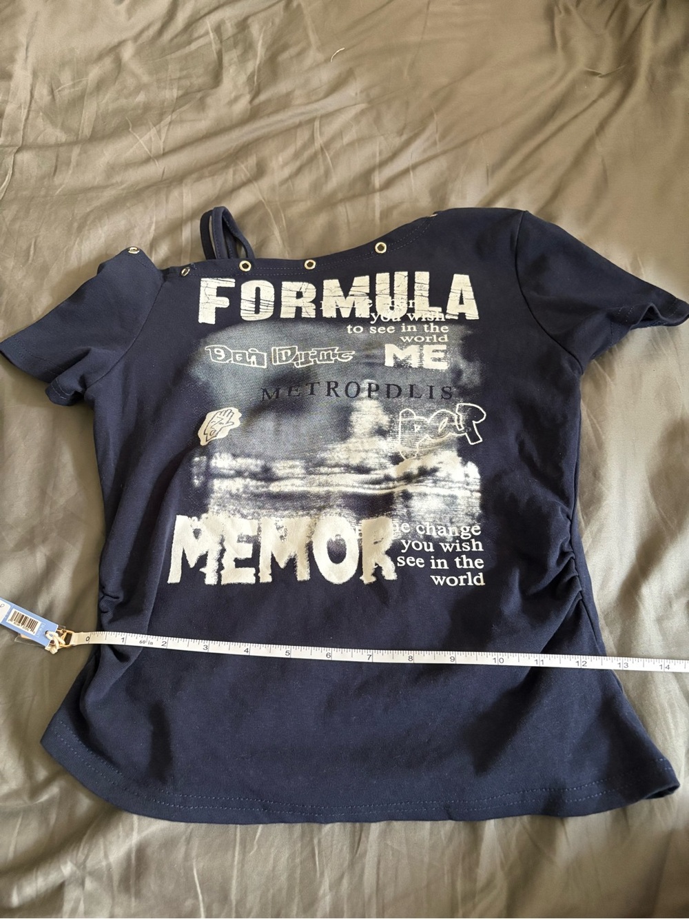 Kids Navy Graphic Off the Shoulder Top with Eyelet Detail